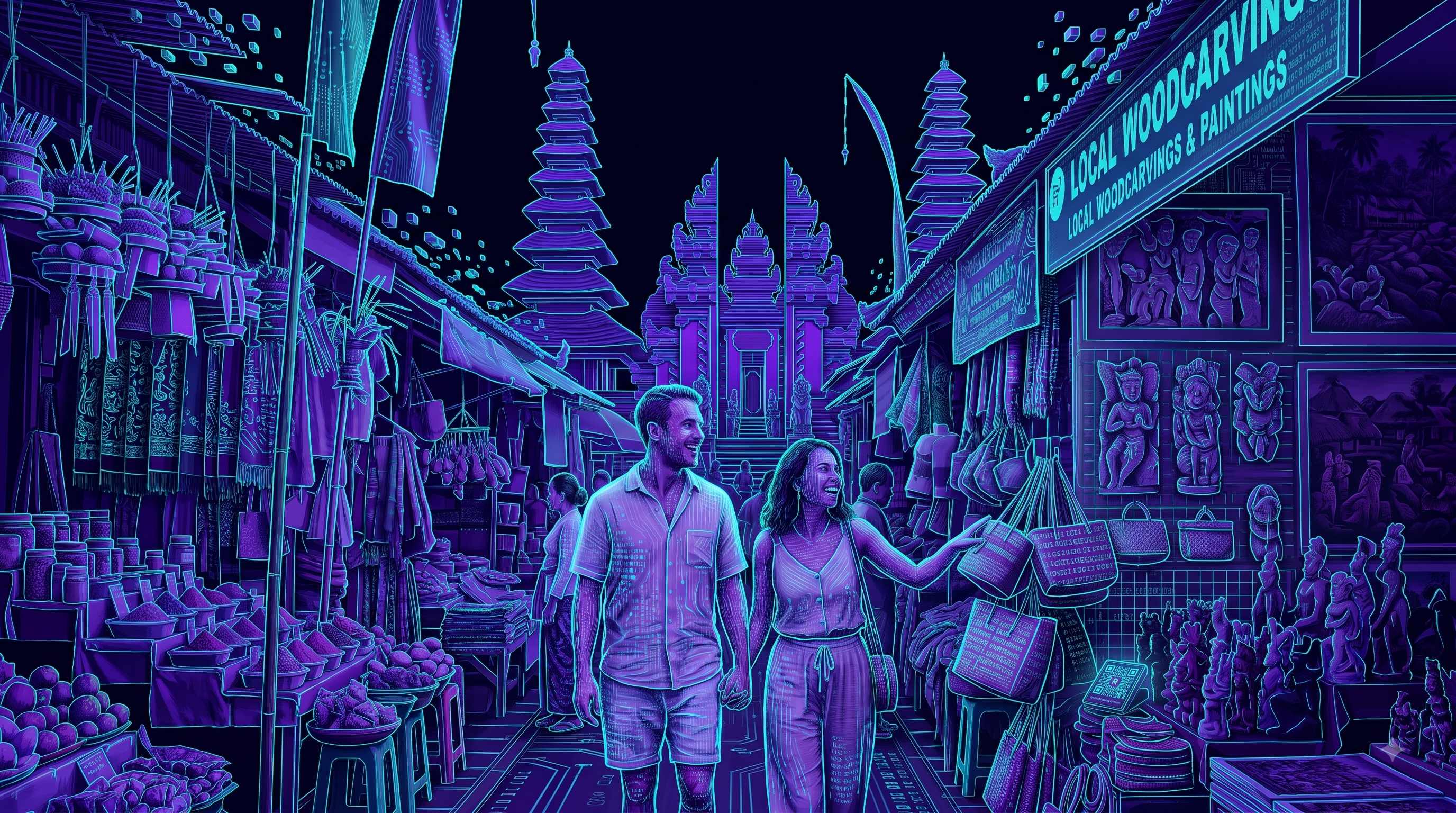 Neon cyber-Bali market street with a couple shopping among woodcarving and textile stalls