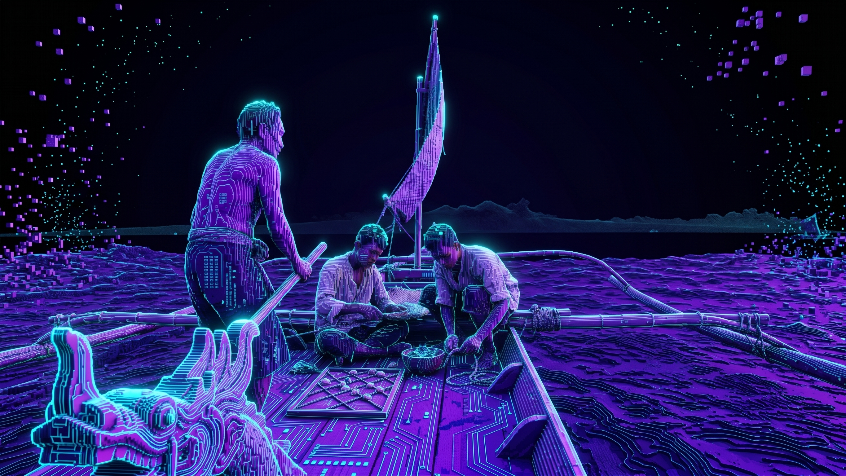 Neon wireframe rendering of an Indonesian outrigger boat crew charting a course across a glowing digital sea