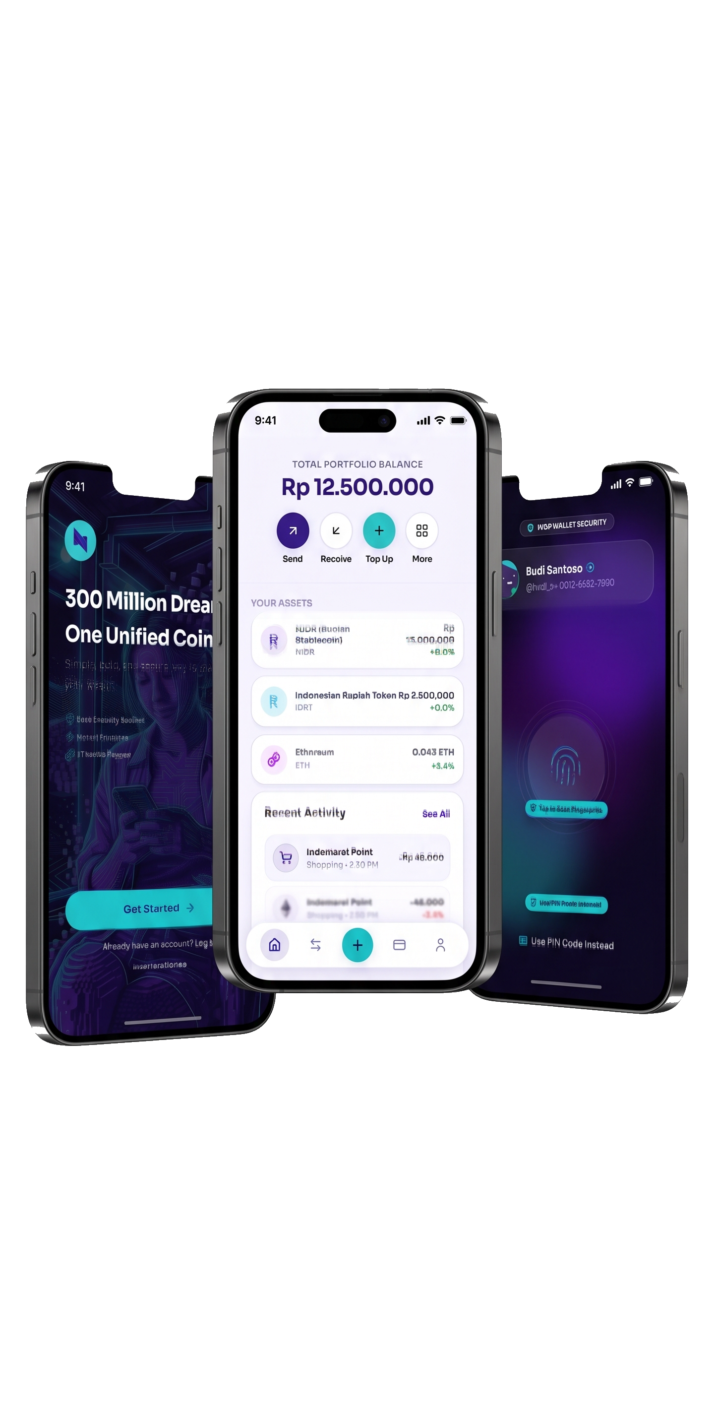 The Nusantara wallet app showing portfolio balance, assets and security screens